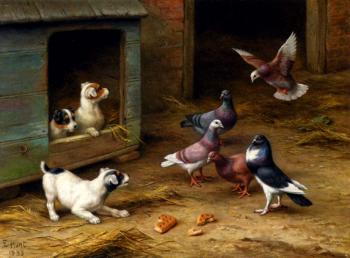 埃德加 亨特 Puppies And Pigeons Playing By A Kennel
